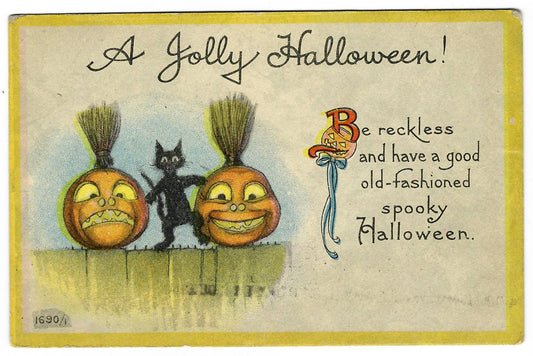 Lot 190 - Antique Halloween Postcard “A Jolly Halloween! Be Reckless And Have A Good Old-Fashioned Spooky Halloween” With Black Cat And Jack-O'-Lanterns, S. Bergman Ny, Postmarked 1916, Written On Verso