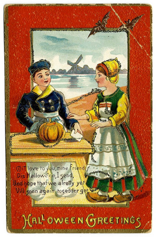 Lot 192 - Antique Embossed Halloween Postcard “Halloween Greetings” Dutch Children With Pumpkin And Windmill, Made In Saxony, Series 0624, Written On Verso