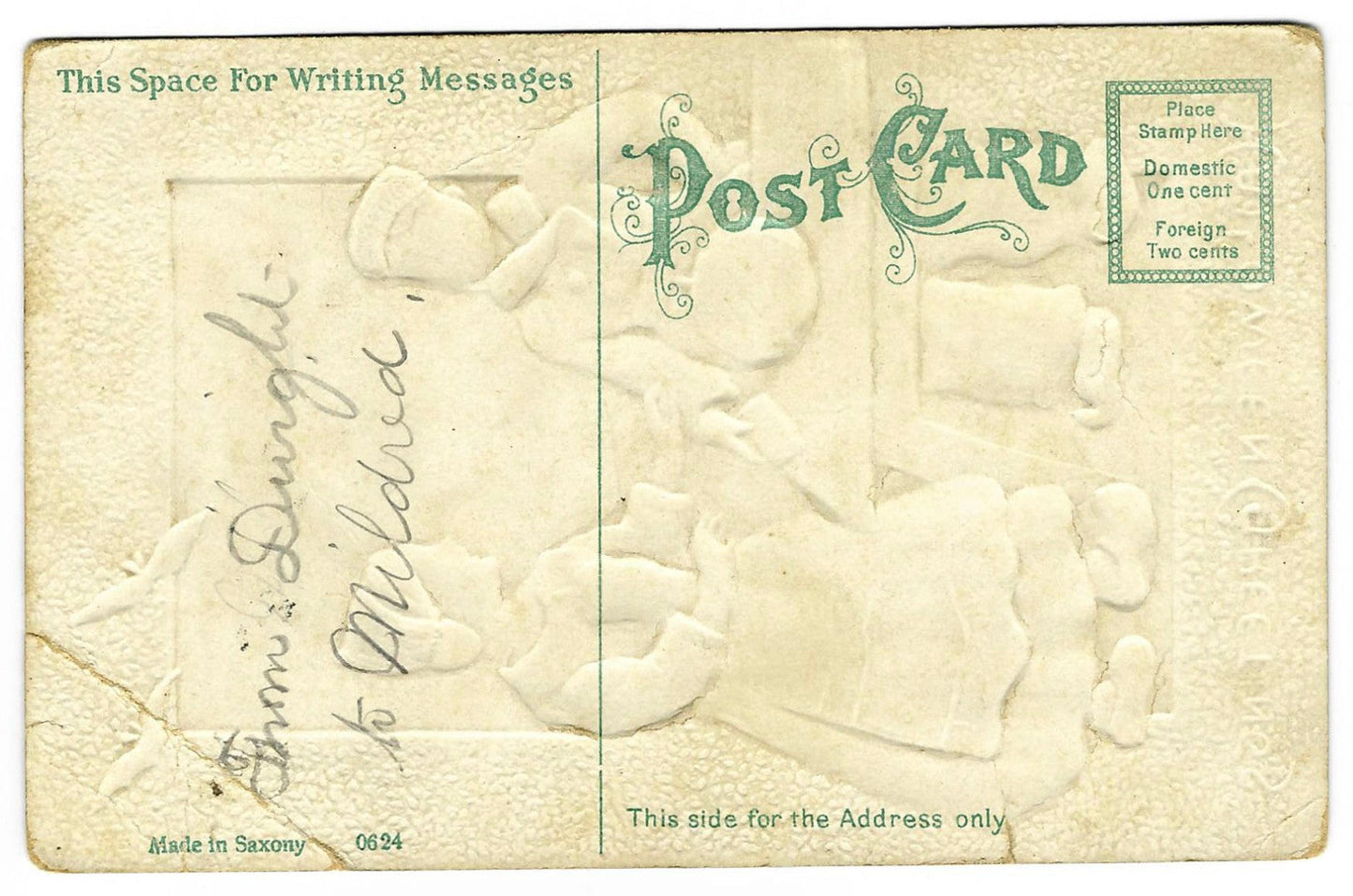 Lot 192 - Antique Embossed Halloween Postcard “Halloween Greetings” Dutch Children With Pumpkin And Windmill, Made In Saxony, Series 0624, Written On Verso