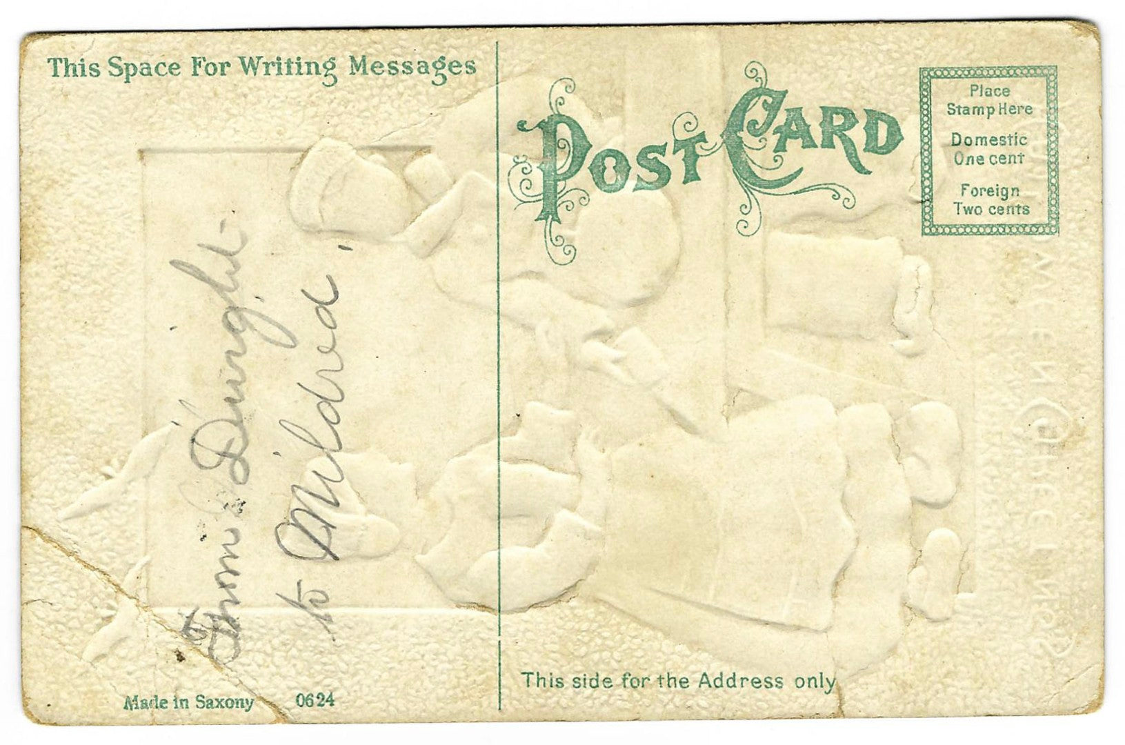 Lot 192 - Antique Embossed Halloween Postcard “Halloween Greetings” Dutch Children With Pumpkin And Windmill, Made In Saxony, Series 0624, Written On Verso