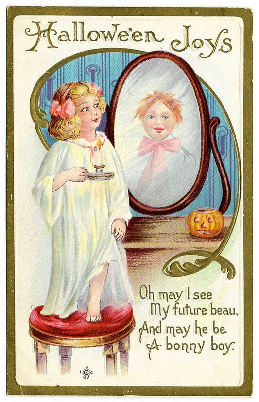 Lot 193 - Antique Embossed Halloween Postcard “Hallowe'en Joys” Girl With Candle And Mirror, S.L. & Co. 1911, Series 226 A, Written On Verso