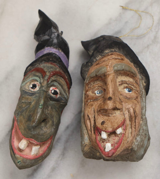 Lot 237 - Pair Of Modern Folk Art Hand Carved Wooden Halloween Witch Ornaments With Hanging Rings