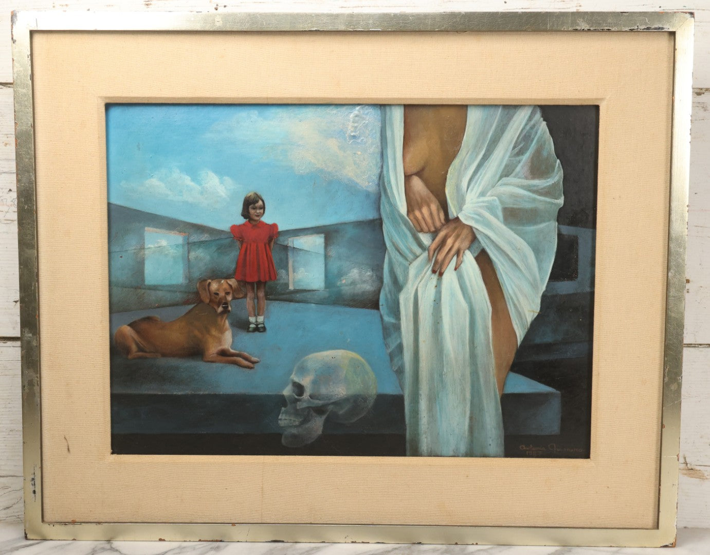 Lot 001 - Vintage Oil On Board Surrealist Painting With Child In Red Dress, Dog, Draped Figure, And Skull, Artist Signed, Antonia Quannuro, 1987, 28-1/2" x 23"