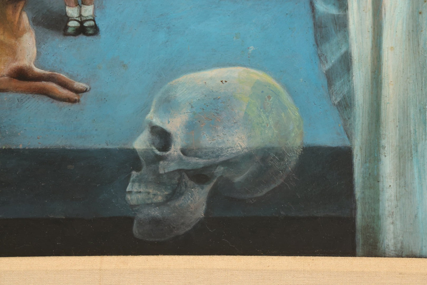 Lot 001 - Vintage Oil On Board Surrealist Painting With Child In Red Dress, Dog, Draped Figure, And Skull, Artist Signed, Antonia Quannuro, 1987, 28-1/2" x 23"