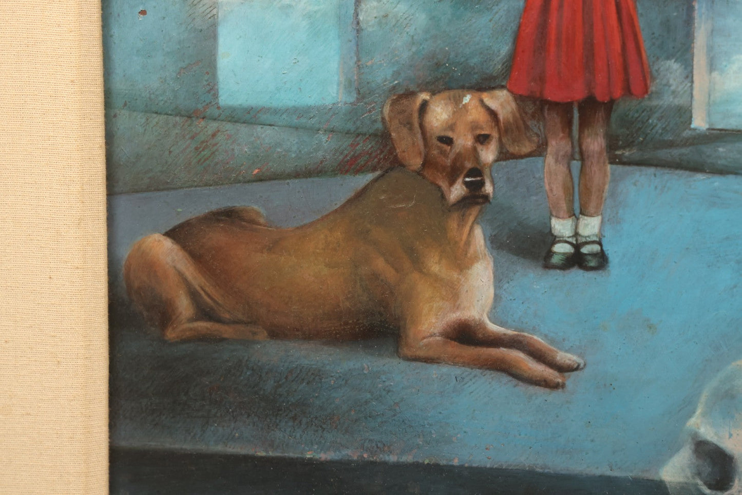 Lot 001 - Vintage Oil On Board Surrealist Painting With Child In Red Dress, Dog, Draped Figure, And Skull, Artist Signed, Antonia Quannuro, 1987, 28-1/2" x 23"