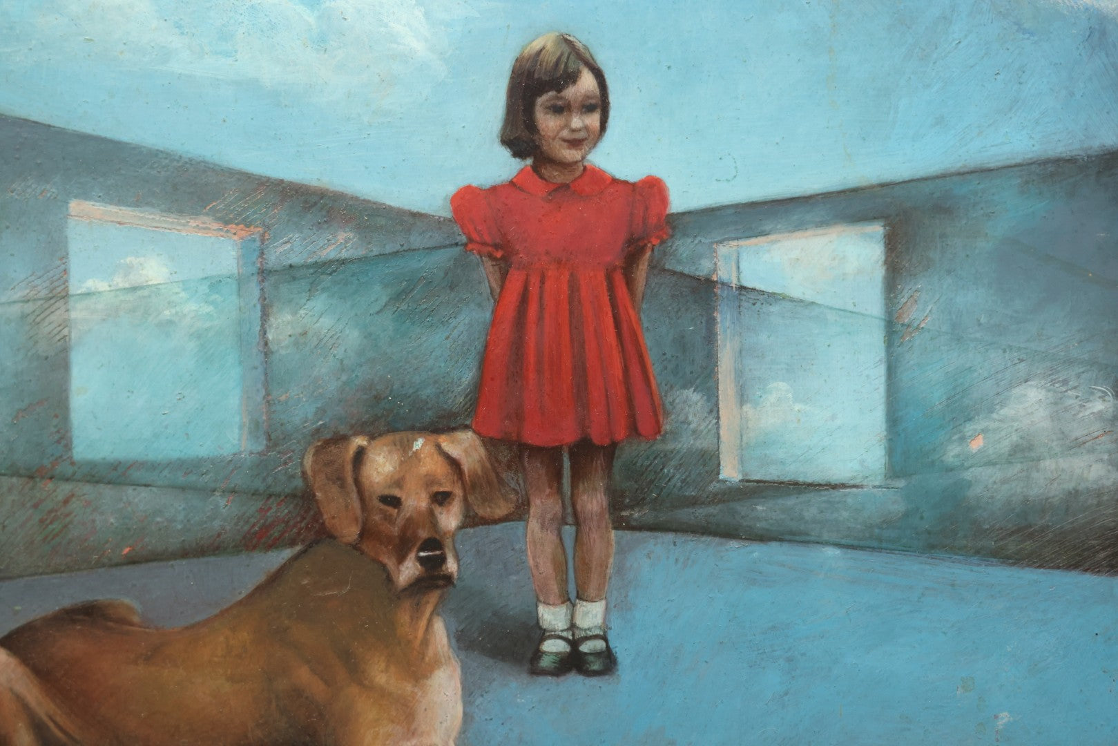 Lot 001 - Vintage Oil On Board Surrealist Painting With Child In Red Dress, Dog, Draped Figure, And Skull, Artist Signed, Antonia Quannuro, 1987, 28-1/2" x 23"
