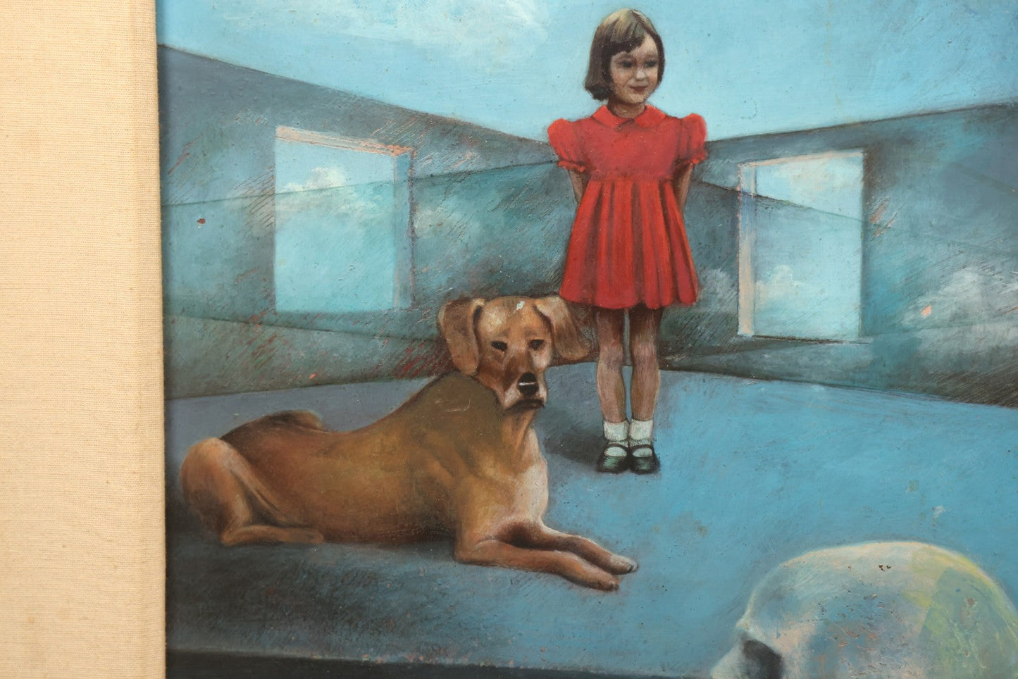 Lot 001 - Vintage Oil On Board Surrealist Painting With Child In Red Dress, Dog, Draped Figure, And Skull, Artist Signed, Antonia Quannuro, 1987, 28-1/2" x 23"