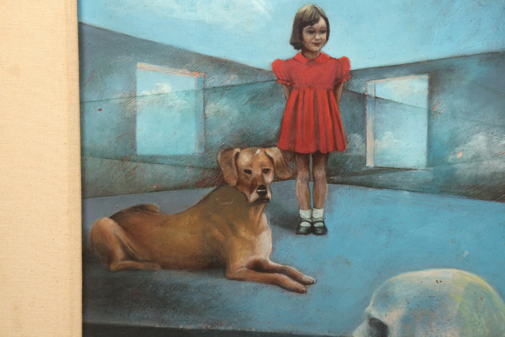 Lot 001 - Vintage Oil On Board Surrealist Painting With Child In Red Dress, Dog, Draped Figure, And Skull, Artist Signed, Antonia Quannuro, 1987, 28-1/2" x 23"