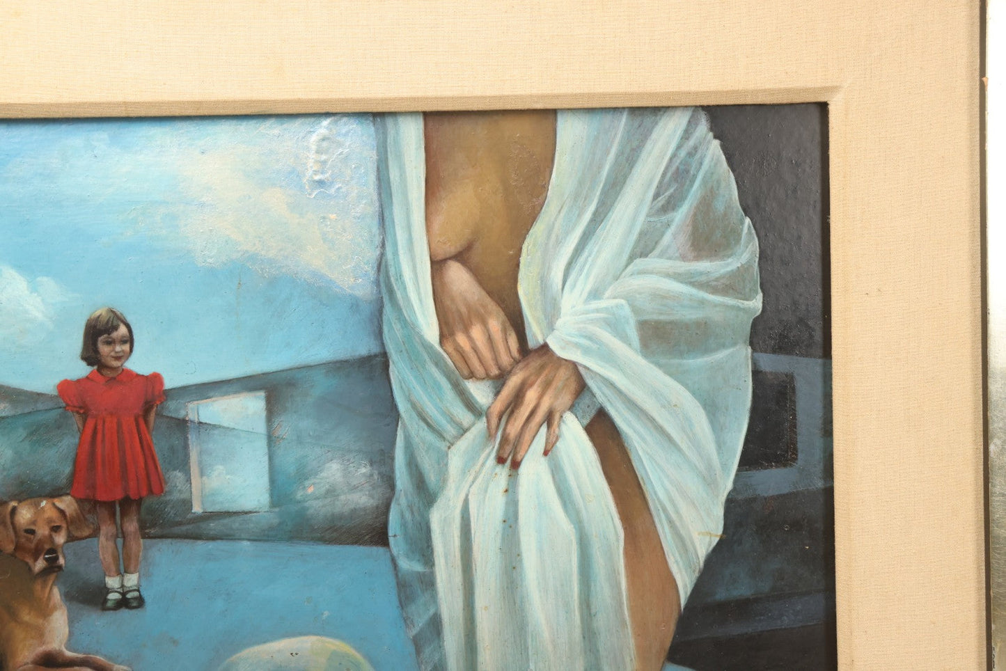 Lot 001 - Vintage Oil On Board Surrealist Painting With Child In Red Dress, Dog, Draped Figure, And Skull, Artist Signed, Antonia Quannuro, 1987, 28-1/2" x 23"