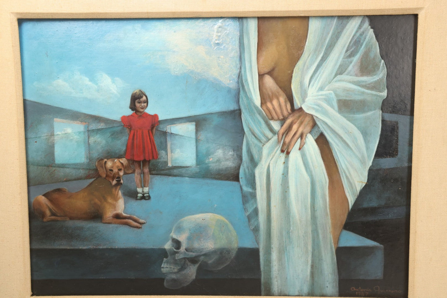 Lot 001 - Vintage Oil On Board Surrealist Painting With Child In Red Dress, Dog, Draped Figure, And Skull, Artist Signed, Antonia Quannuro, 1987, 28-1/2" x 23"