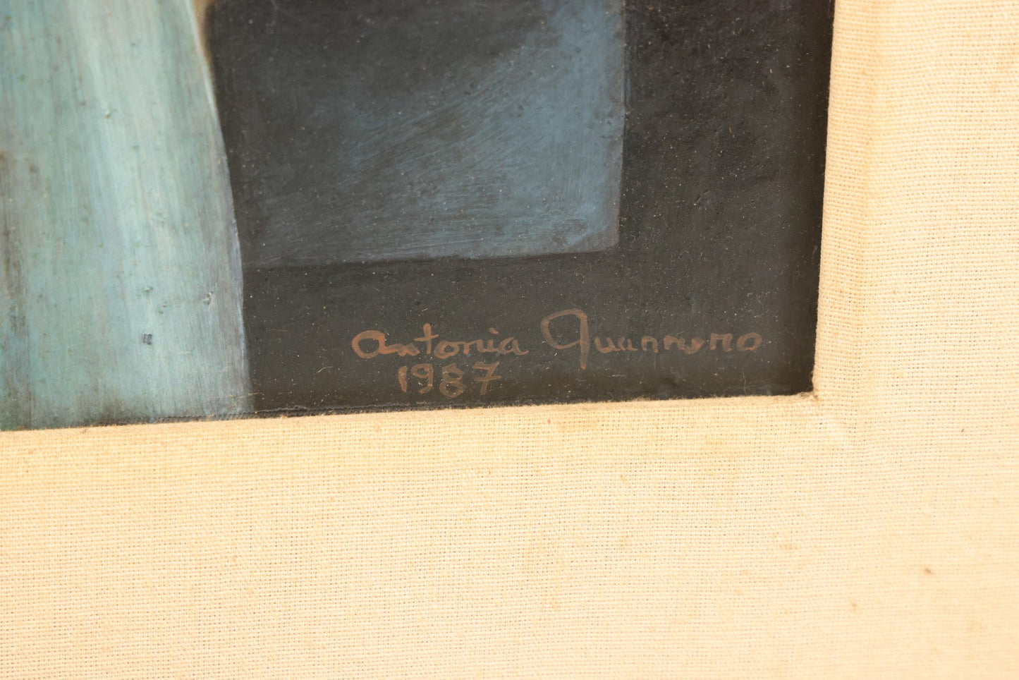 Lot 001 - Vintage Oil On Board Surrealist Painting With Child In Red Dress, Dog, Draped Figure, And Skull, Artist Signed, Antonia Quannuro, 1987, 28-1/2" x 23"