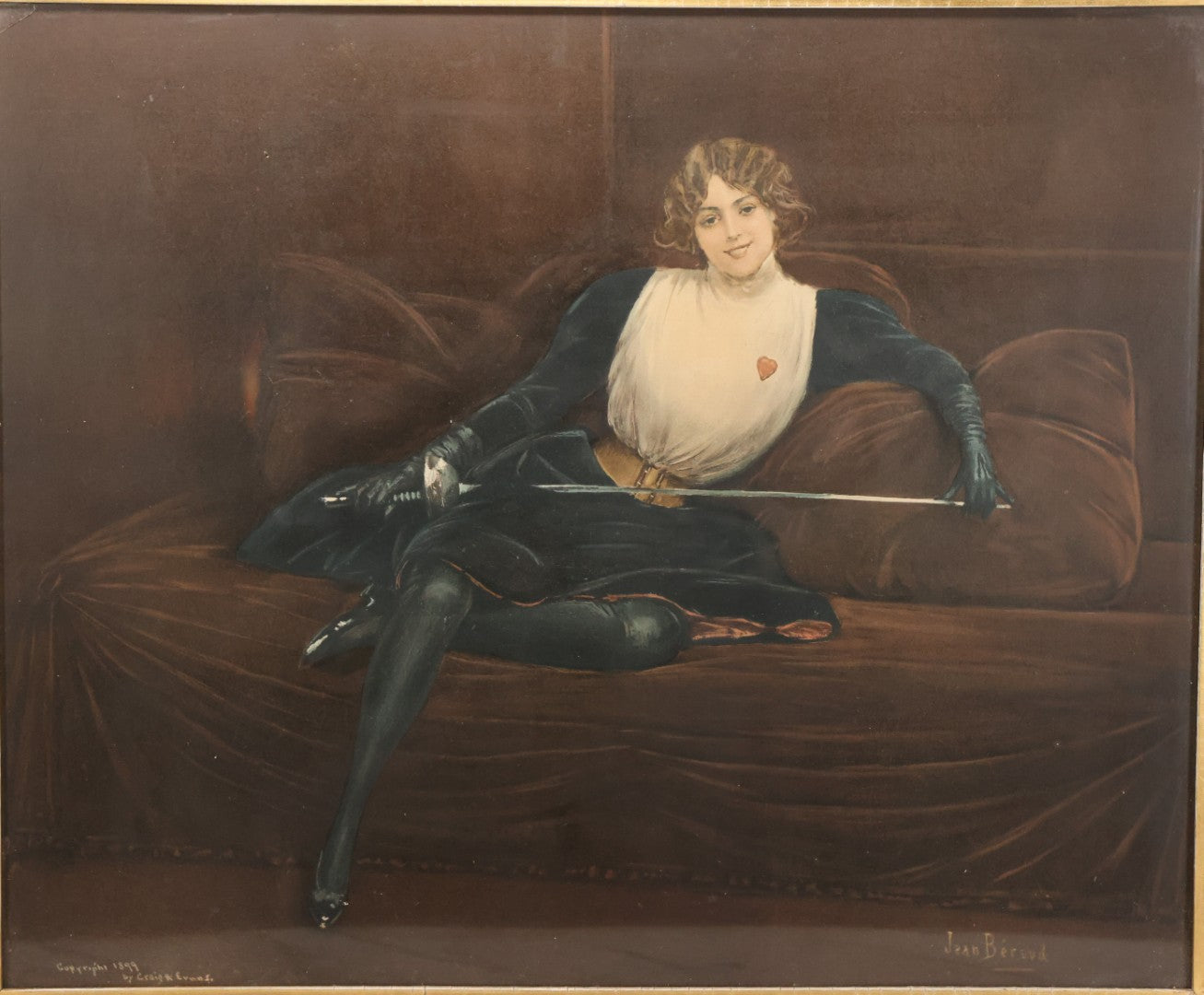 Lot 002 - Antique Chromolithograph Of Beautiful Fencing Woman After Jean Béraud's "L'Escrimeuse" ("The Fencing Girl"), Copyright 1899 By Craig R. Evans, In Original Frame, 27" x 23"