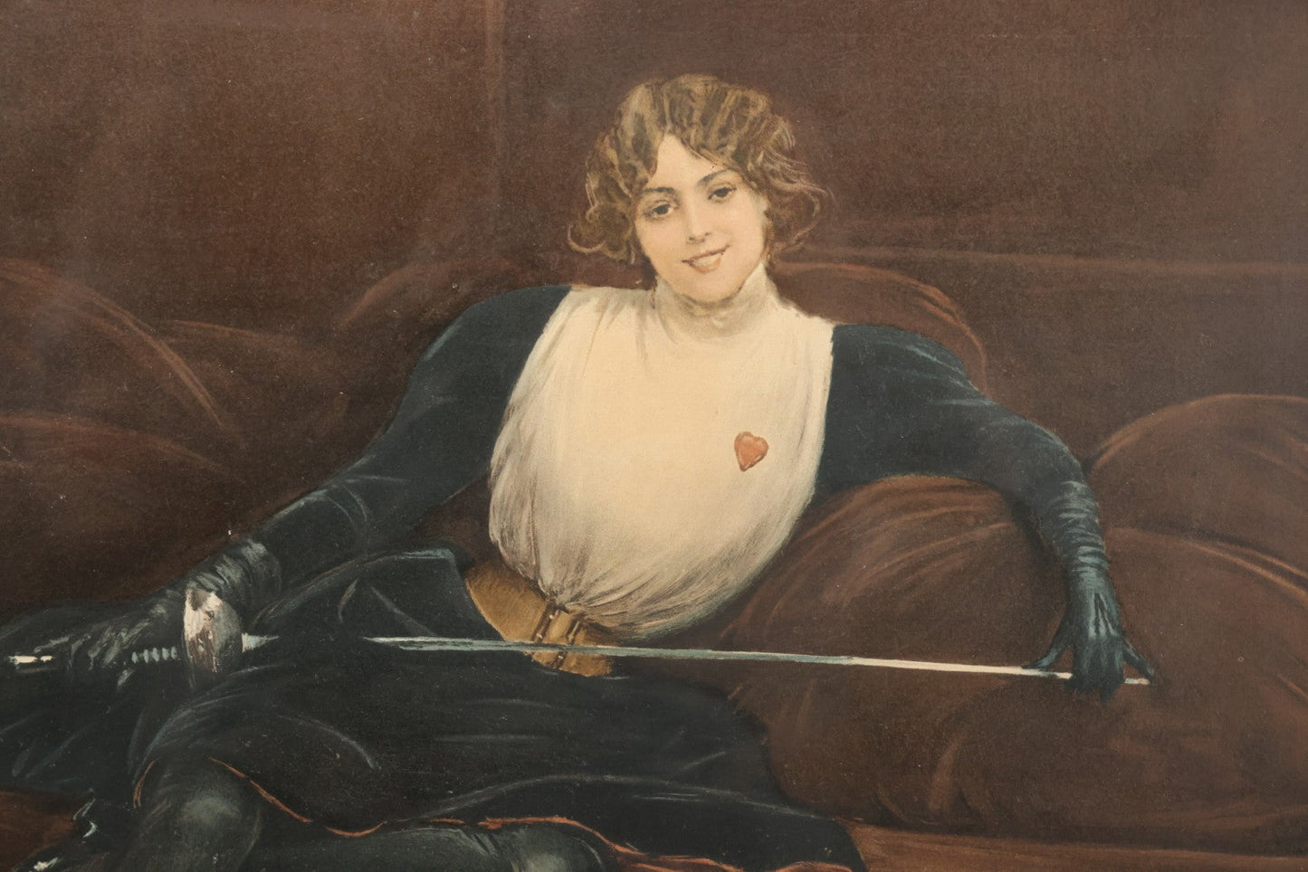 Lot 002 - Antique Chromolithograph Of Beautiful Fencing Woman After Jean Béraud's "L'Escrimeuse" ("The Fencing Girl"), Copyright 1899 By Craig R. Evans, In Original Frame, 27" x 23"