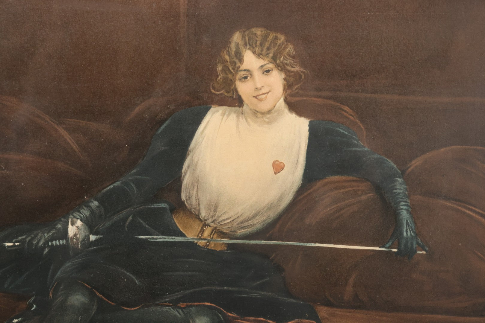 Lot 002 - Antique Chromolithograph Of Beautiful Fencing Woman After Jean Béraud's "L'Escrimeuse" ("The Fencing Girl"), Copyright 1899 By Craig R. Evans, In Original Frame, 27" x 23"