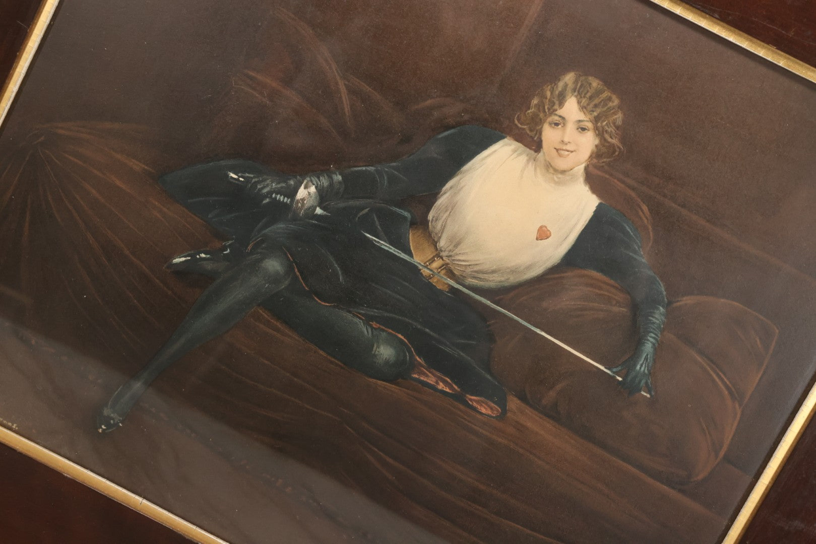 Lot 002 - Antique Chromolithograph Of Beautiful Fencing Woman After Jean Béraud's "L'Escrimeuse" ("The Fencing Girl"), Copyright 1899 By Craig R. Evans, In Original Frame, 27" x 23"