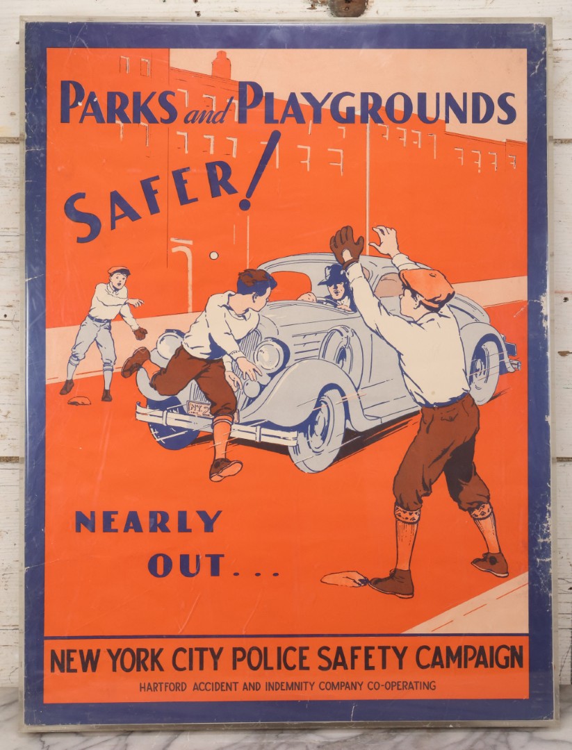 Lot 005 - Vintage "Parks And Playgrounds Safer!" New York City Police Safety Campaign Poster With Baseball Scene And Car Illustration, Issued In Cooperation With Hartford Accident And Indemnity Company, In Plastic Frame, 18-3/8" x 24-1/2"
