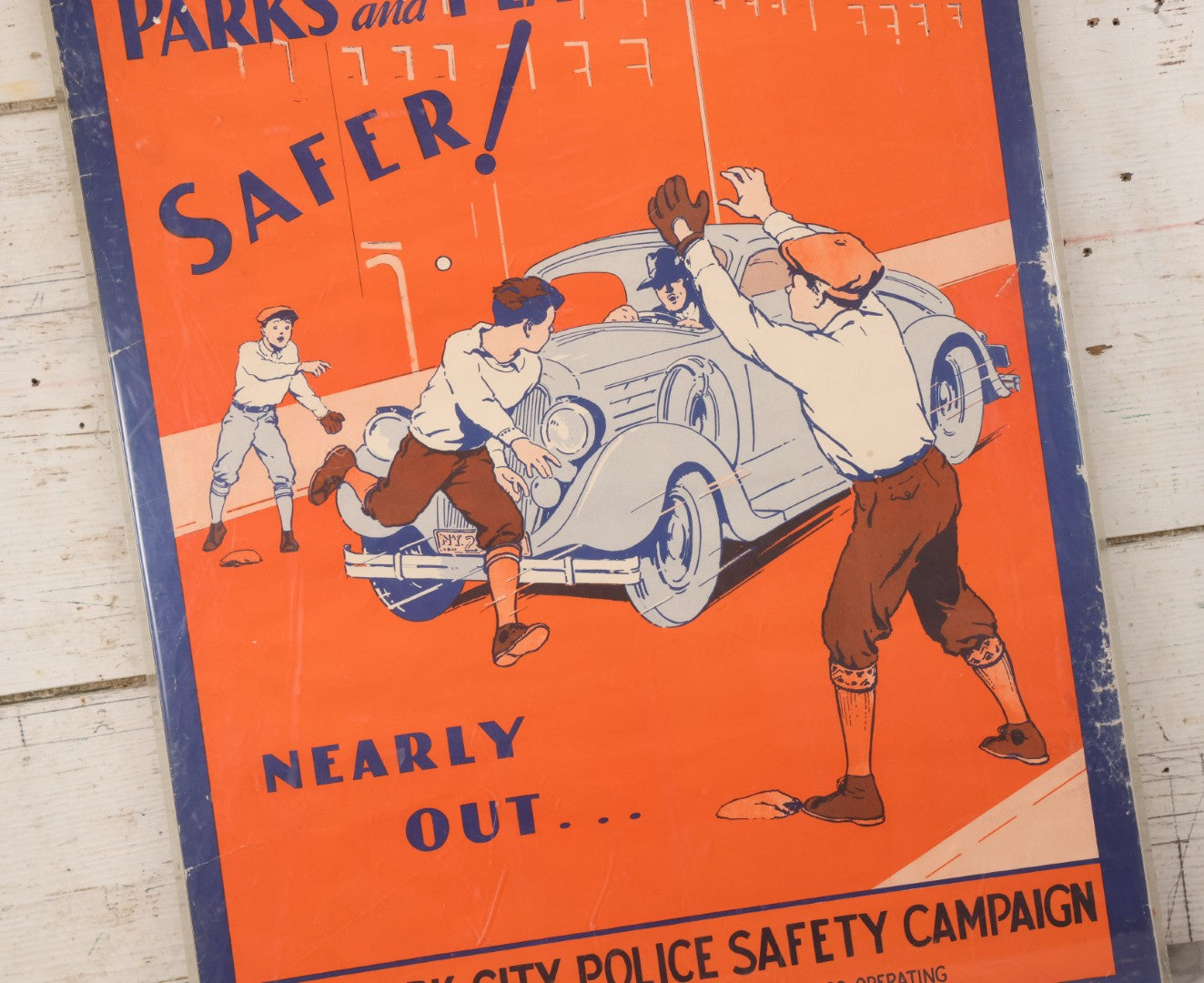 Lot 005 - Vintage "Parks And Playgrounds Safer!" New York City Police Safety Campaign Poster With Baseball Scene And Car Illustration, Issued In Cooperation With Hartford Accident And Indemnity Company, In Plastic Frame, 18-3/8" x 24-1/2"