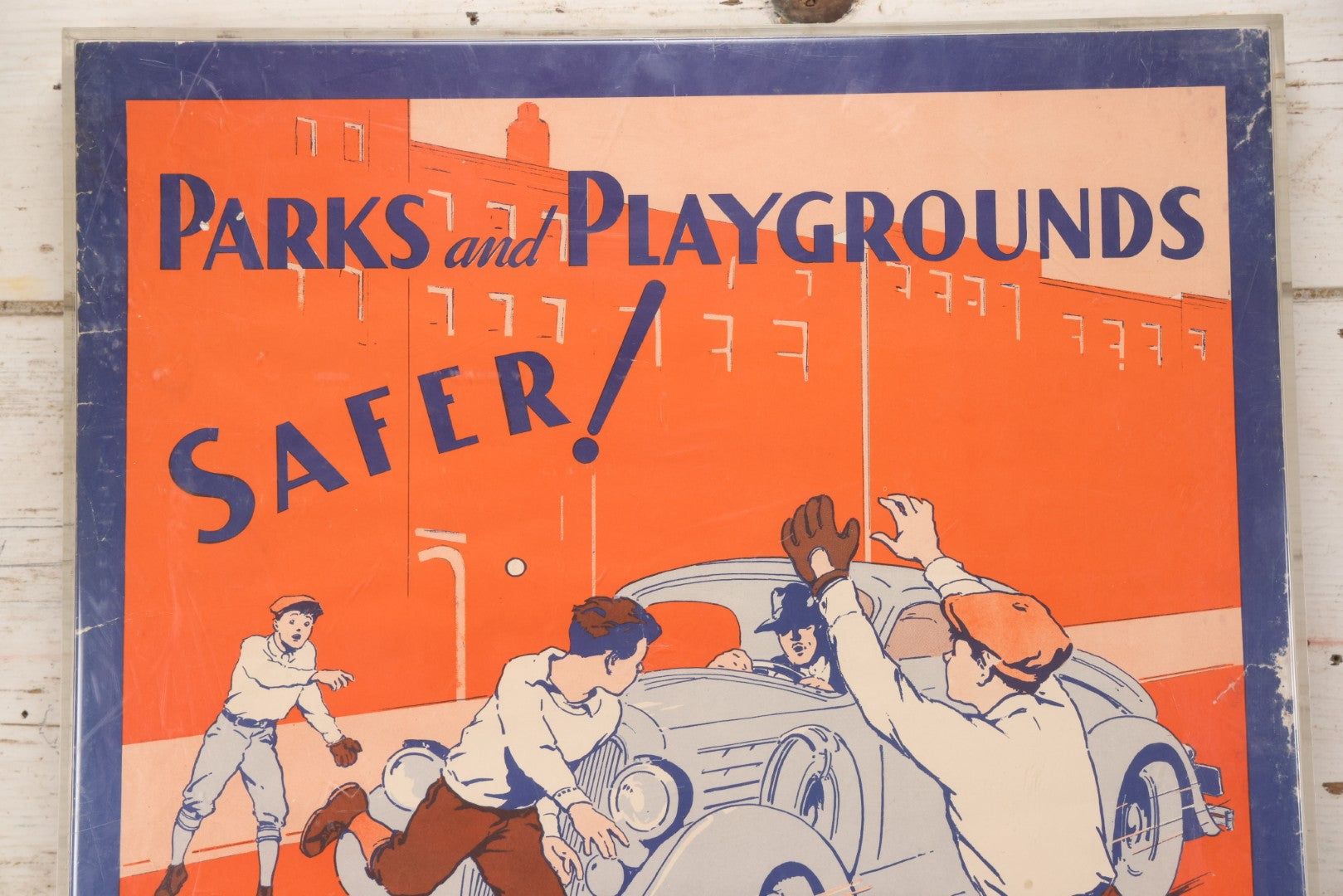 Lot 005 - Vintage "Parks And Playgrounds Safer!" New York City Police Safety Campaign Poster With Baseball Scene And Car Illustration, Issued In Cooperation With Hartford Accident And Indemnity Company, In Plastic Frame, 18-3/8" x 24-1/2"