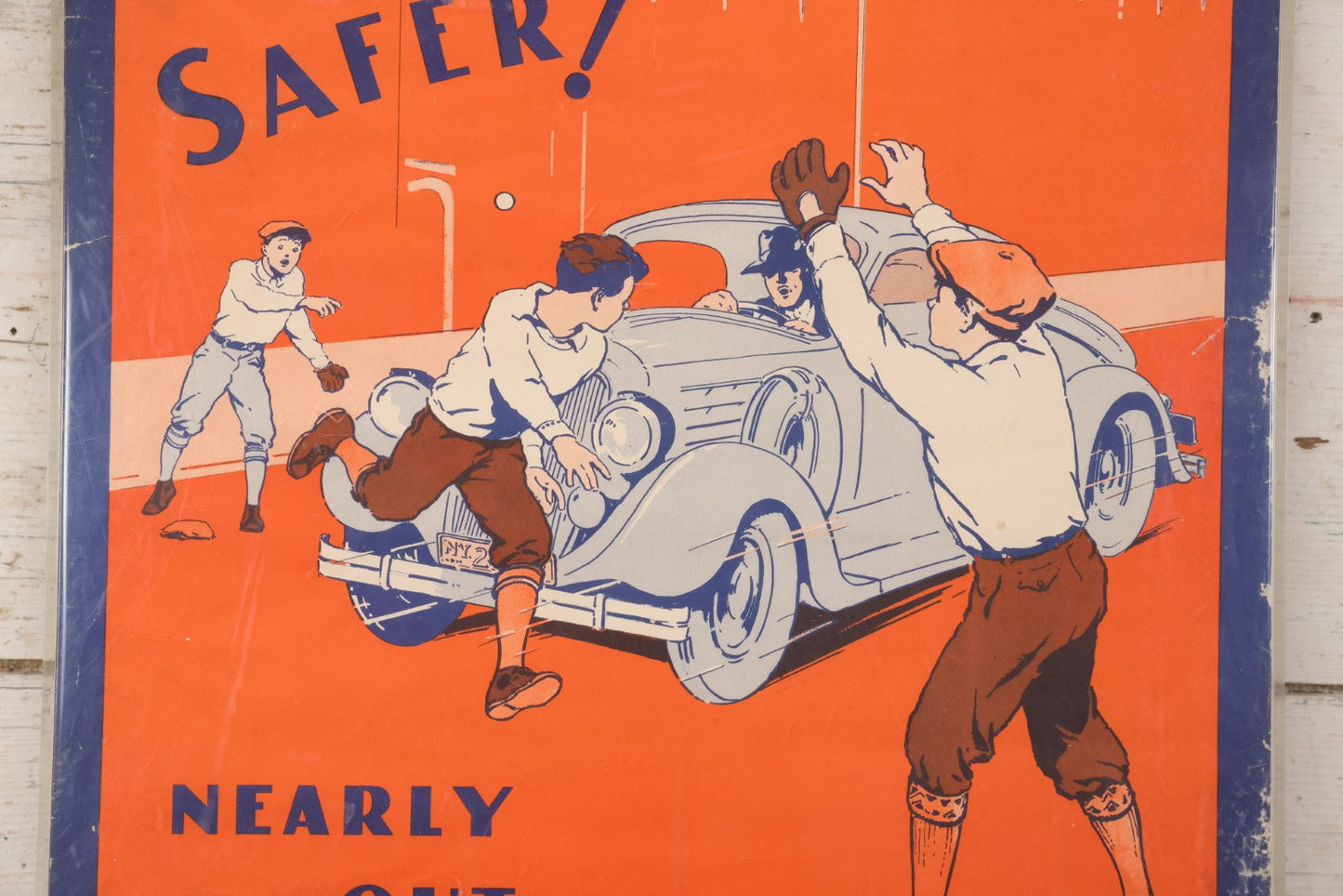 Lot 005 - Vintage "Parks And Playgrounds Safer!" New York City Police Safety Campaign Poster With Baseball Scene And Car Illustration, Issued In Cooperation With Hartford Accident And Indemnity Company, In Plastic Frame, 18-3/8" x 24-1/2"