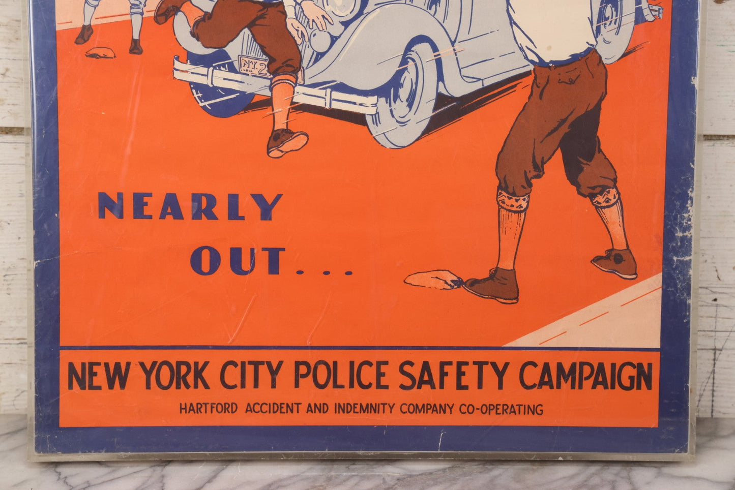 Lot 005 - Vintage "Parks And Playgrounds Safer!" New York City Police Safety Campaign Poster With Baseball Scene And Car Illustration, Issued In Cooperation With Hartford Accident And Indemnity Company, In Plastic Frame, 18-3/8" x 24-1/2"