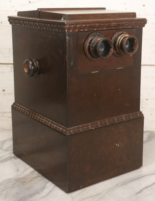 Lot 006 - Antique A. Becker Patent Stereoscope Viewer, New York, April 7, 1857, Dark-Stained Wood With Dual Rotating Card Mechanism And Two-Flap Silver-Painted Lid, 15-1/4" H