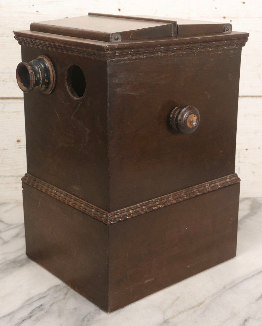 Lot 006 - Antique A. Becker Patent Stereoscope Viewer, New York, April 7, 1857, Dark-Stained Wood With Dual Rotating Card Mechanism And Two-Flap Silver-Painted Lid, 15-1/4" H