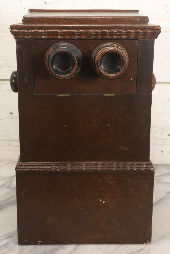 Lot 006 - Antique A. Becker Patent Stereoscope Viewer, New York, April 7, 1857, Dark-Stained Wood With Dual Rotating Card Mechanism And Two-Flap Silver-Painted Lid, 15-1/4" H