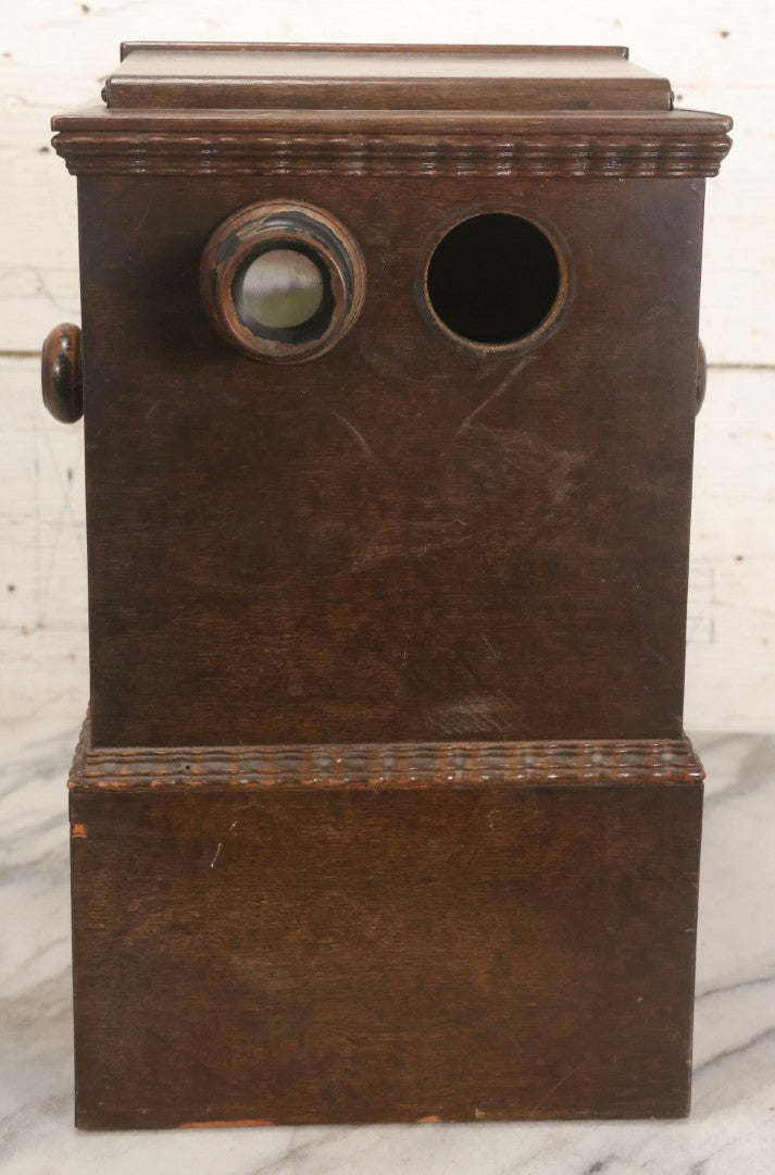 Lot 006 - Antique A. Becker Patent Stereoscope Viewer, New York, April 7, 1857, Dark-Stained Wood With Dual Rotating Card Mechanism And Two-Flap Silver-Painted Lid, 15-1/4" H