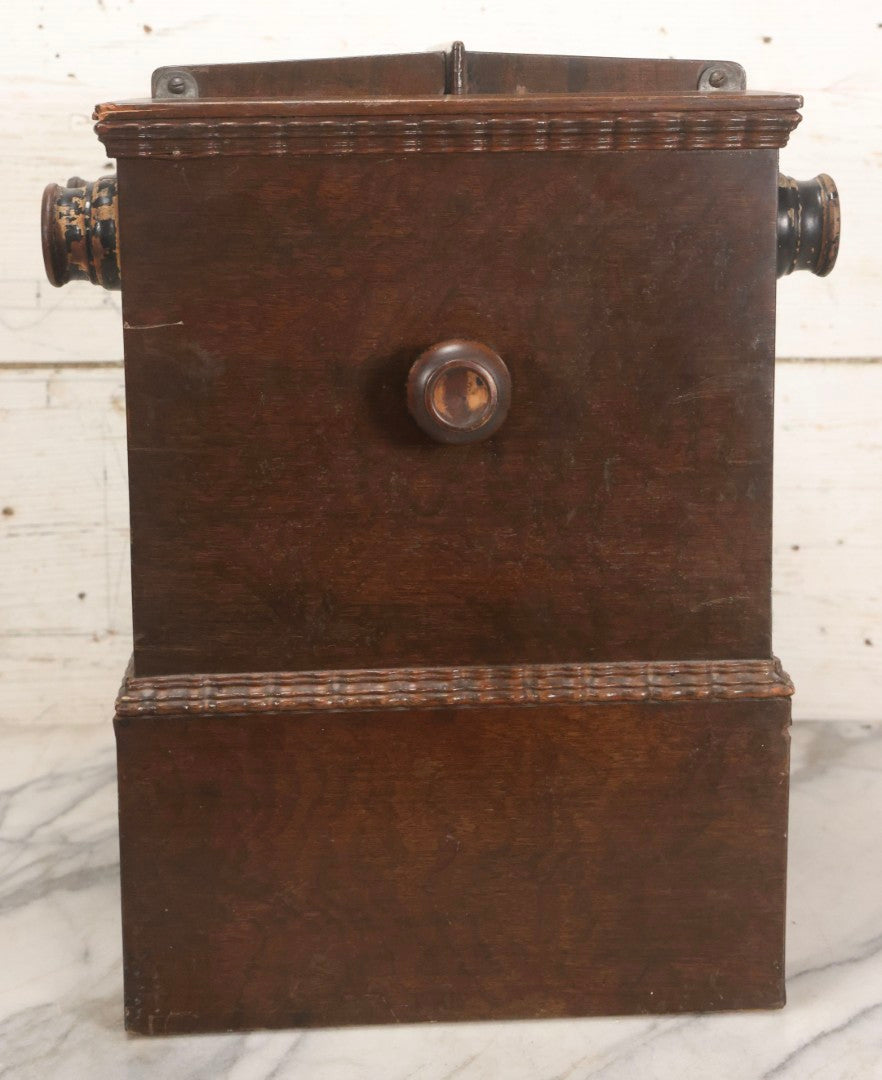 Lot 006 - Antique A. Becker Patent Stereoscope Viewer, New York, April 7, 1857, Dark-Stained Wood With Dual Rotating Card Mechanism And Two-Flap Silver-Painted Lid, 15-1/4" H