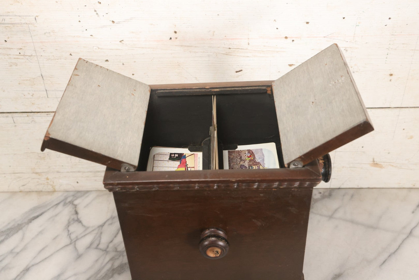 Lot 006 - Antique A. Becker Patent Stereoscope Viewer, New York, April 7, 1857, Dark-Stained Wood With Dual Rotating Card Mechanism And Two-Flap Silver-Painted Lid, 15-1/4" H
