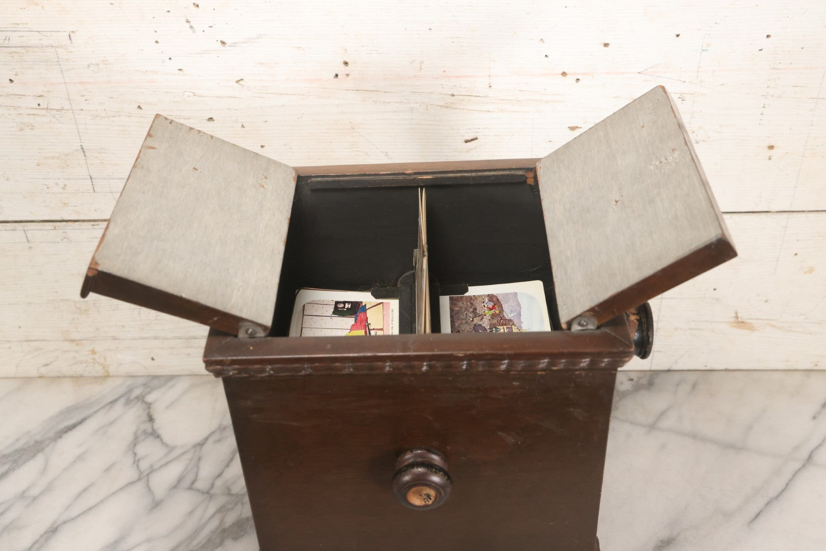 Lot 006 - Antique A. Becker Patent Stereoscope Viewer, New York, April 7, 1857, Dark-Stained Wood With Dual Rotating Card Mechanism And Two-Flap Silver-Painted Lid, 15-1/4" H