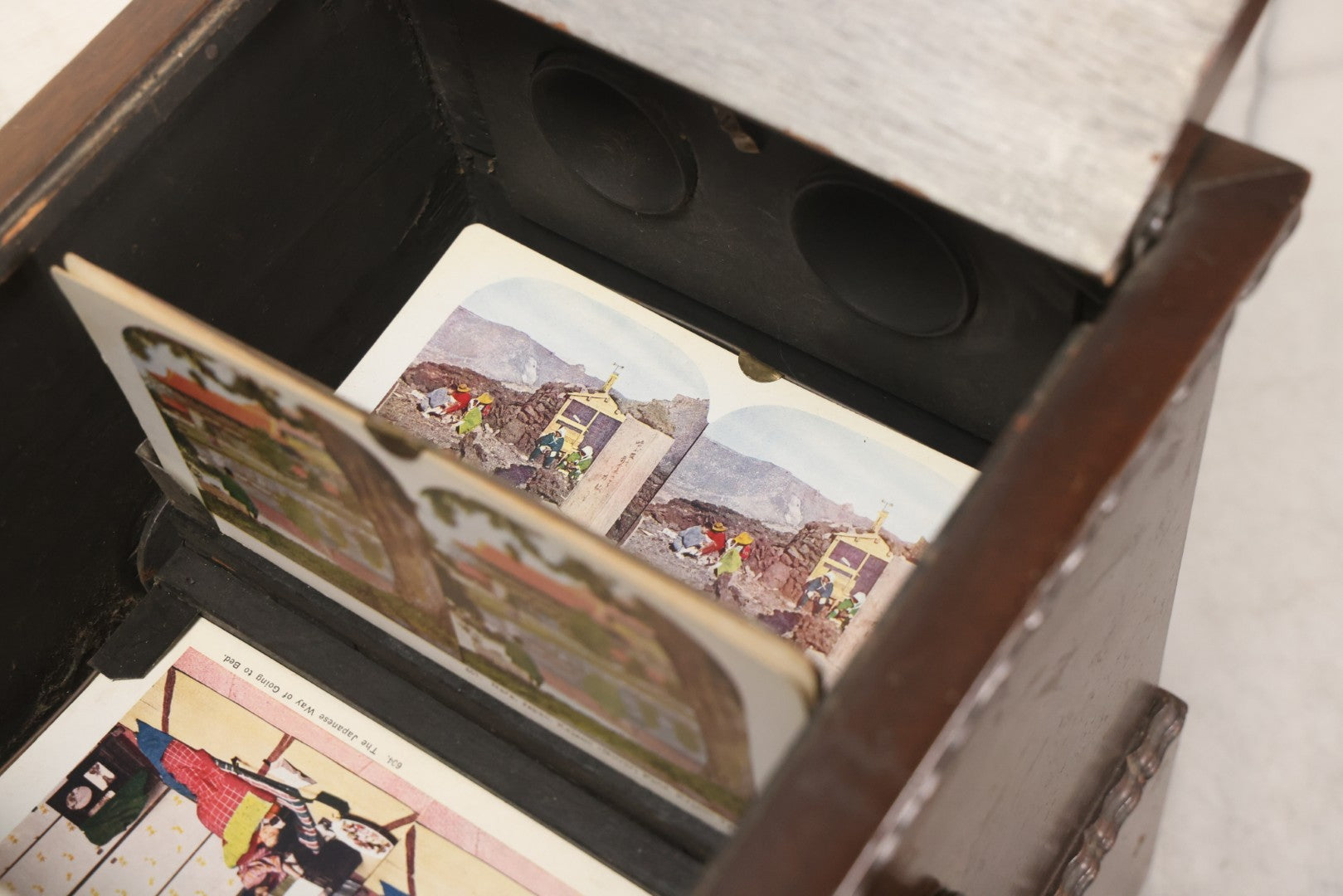 Lot 006 - Antique A. Becker Patent Stereoscope Viewer, New York, April 7, 1857, Dark-Stained Wood With Dual Rotating Card Mechanism And Two-Flap Silver-Painted Lid, 15-1/4" H