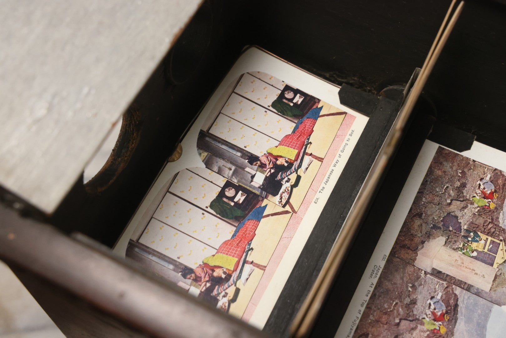 Lot 006 - Antique A. Becker Patent Stereoscope Viewer, New York, April 7, 1857, Dark-Stained Wood With Dual Rotating Card Mechanism And Two-Flap Silver-Painted Lid, 15-1/4" H