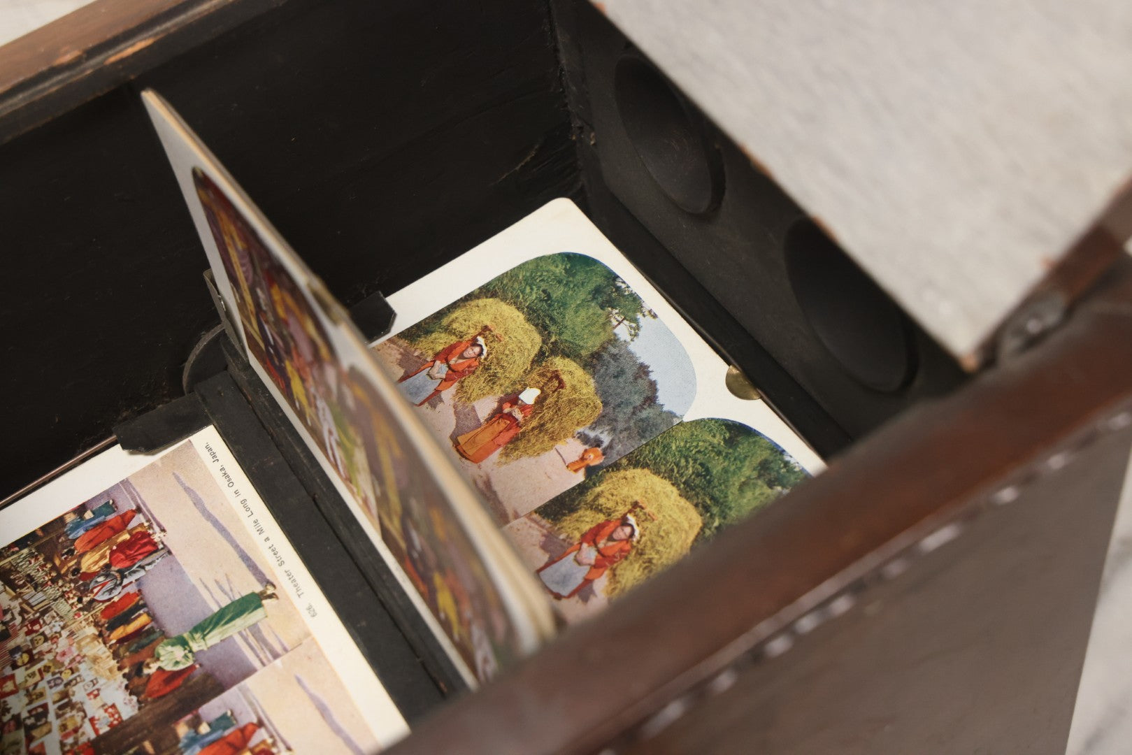 Lot 006 - Antique A. Becker Patent Stereoscope Viewer, New York, April 7, 1857, Dark-Stained Wood With Dual Rotating Card Mechanism And Two-Flap Silver-Painted Lid, 15-1/4" H