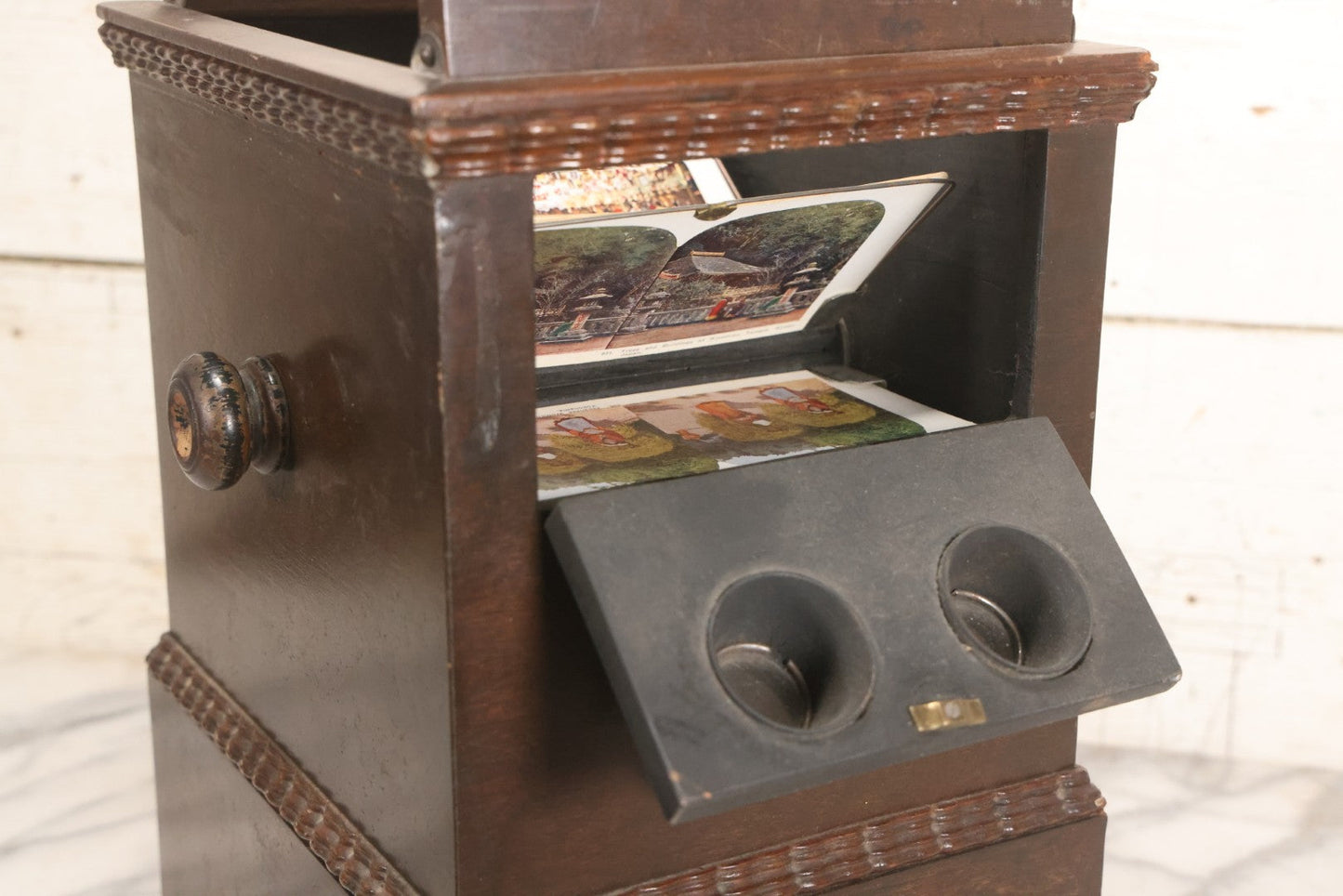 Lot 006 - Antique A. Becker Patent Stereoscope Viewer, New York, April 7, 1857, Dark-Stained Wood With Dual Rotating Card Mechanism And Two-Flap Silver-Painted Lid, 15-1/4" H