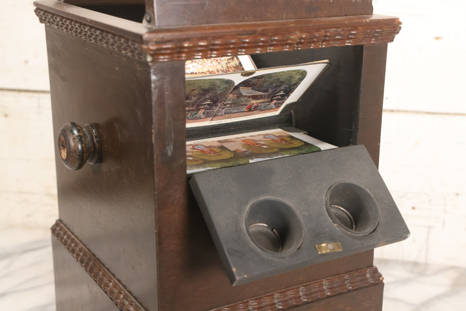 Lot 006 - Antique A. Becker Patent Stereoscope Viewer, New York, April 7, 1857, Dark-Stained Wood With Dual Rotating Card Mechanism And Two-Flap Silver-Painted Lid, 15-1/4" H