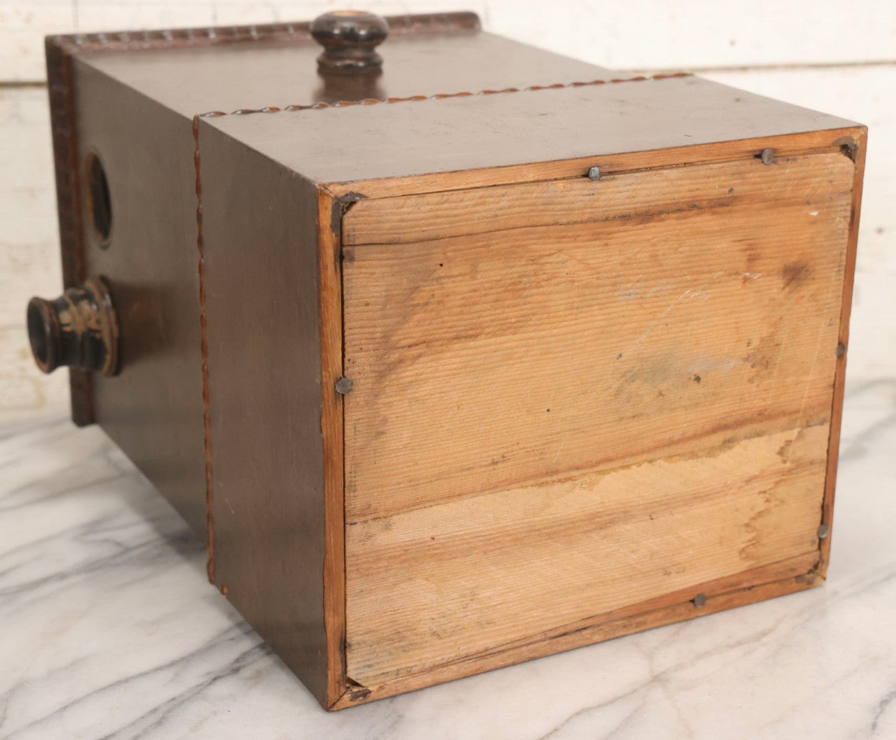 Lot 006 - Antique A. Becker Patent Stereoscope Viewer, New York, April 7, 1857, Dark-Stained Wood With Dual Rotating Card Mechanism And Two-Flap Silver-Painted Lid, 15-1/4" H