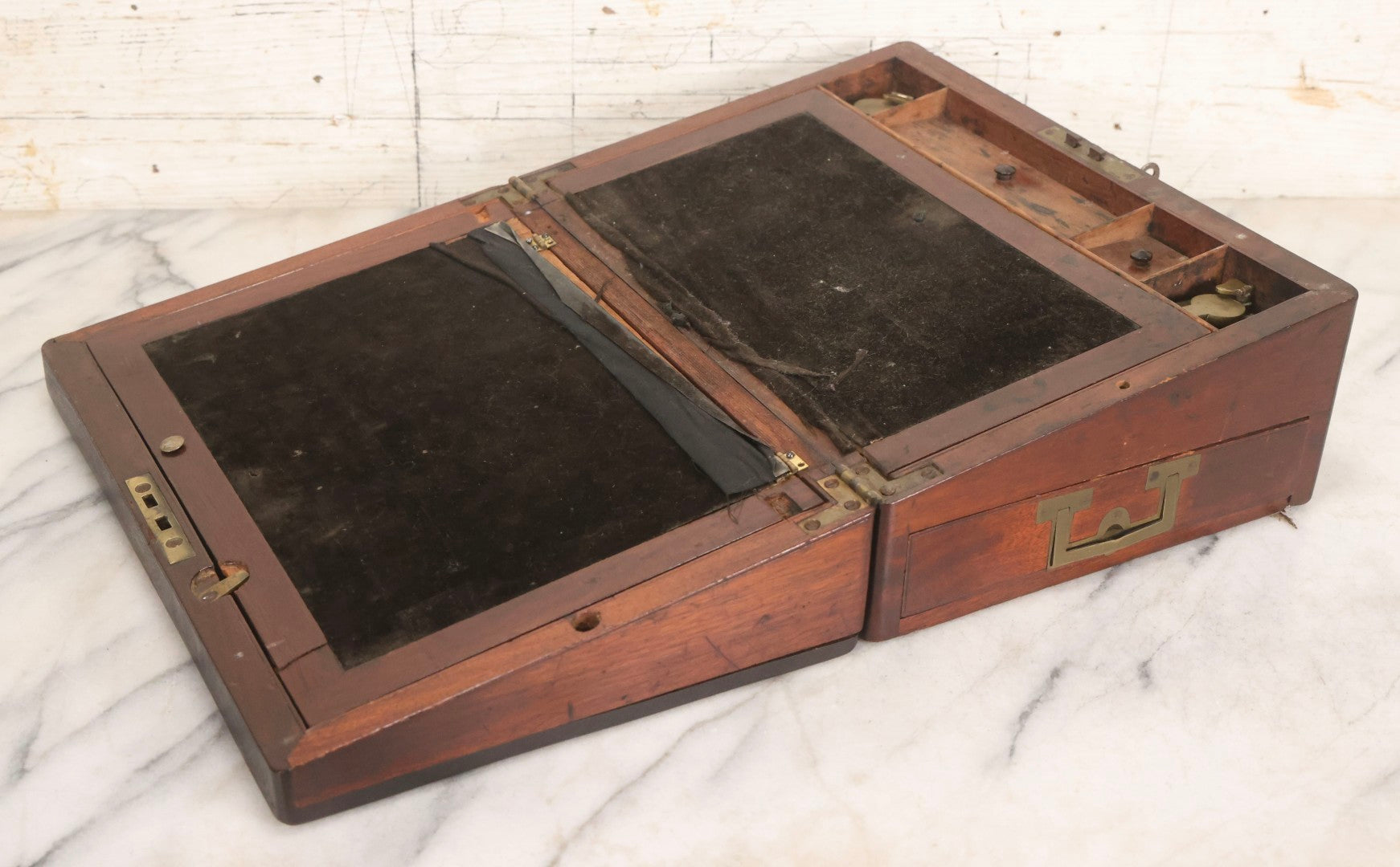 Lot 007 - Antique Folding Wooden Writing Lap Desk With Velvet Interior, Brass Hardware, And Dual Inkwells, Circa Late 19th Century