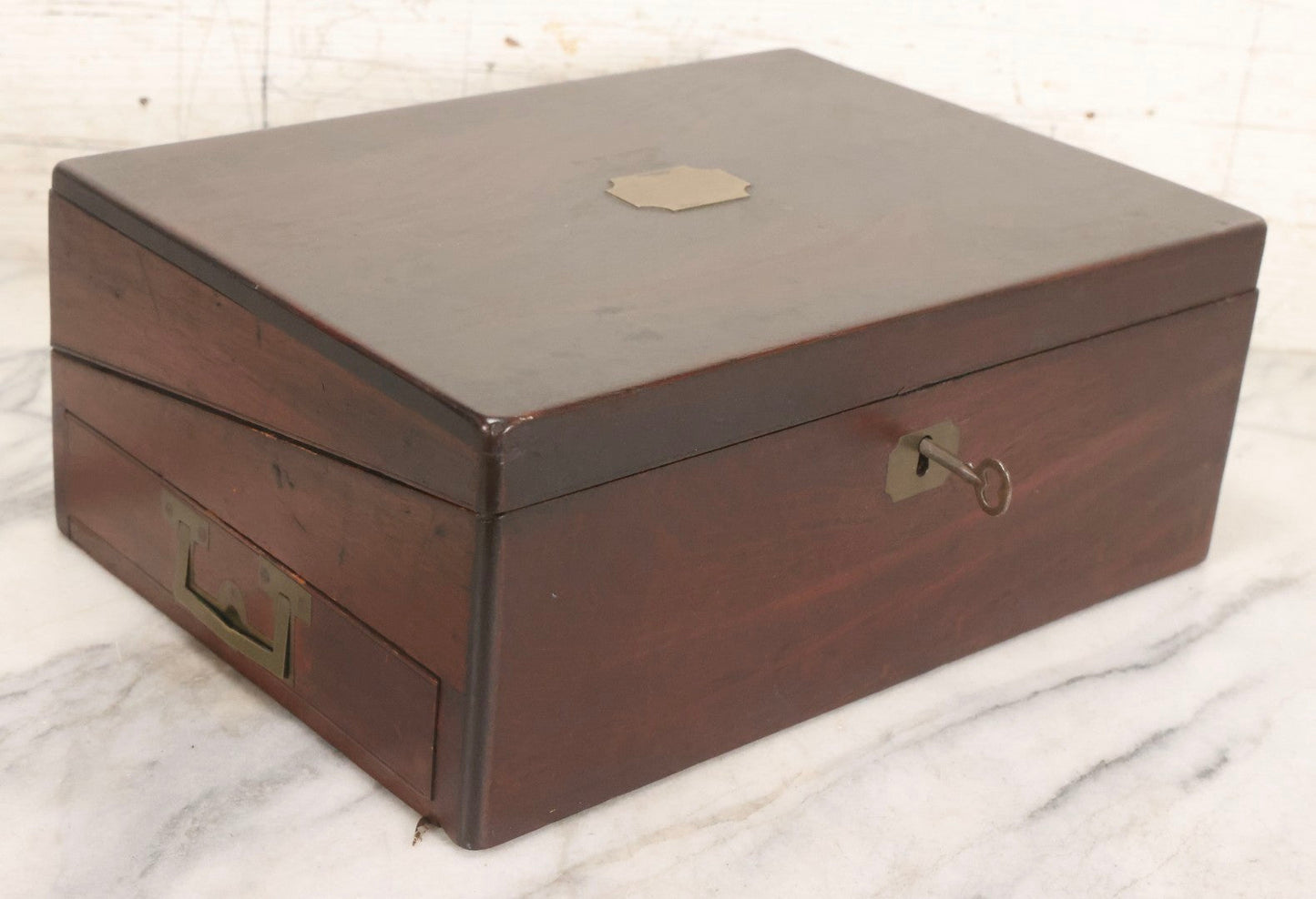 Lot 007 - Antique Folding Wooden Writing Lap Desk With Velvet Interior, Brass Hardware, And Dual Inkwells, Circa Late 19th Century