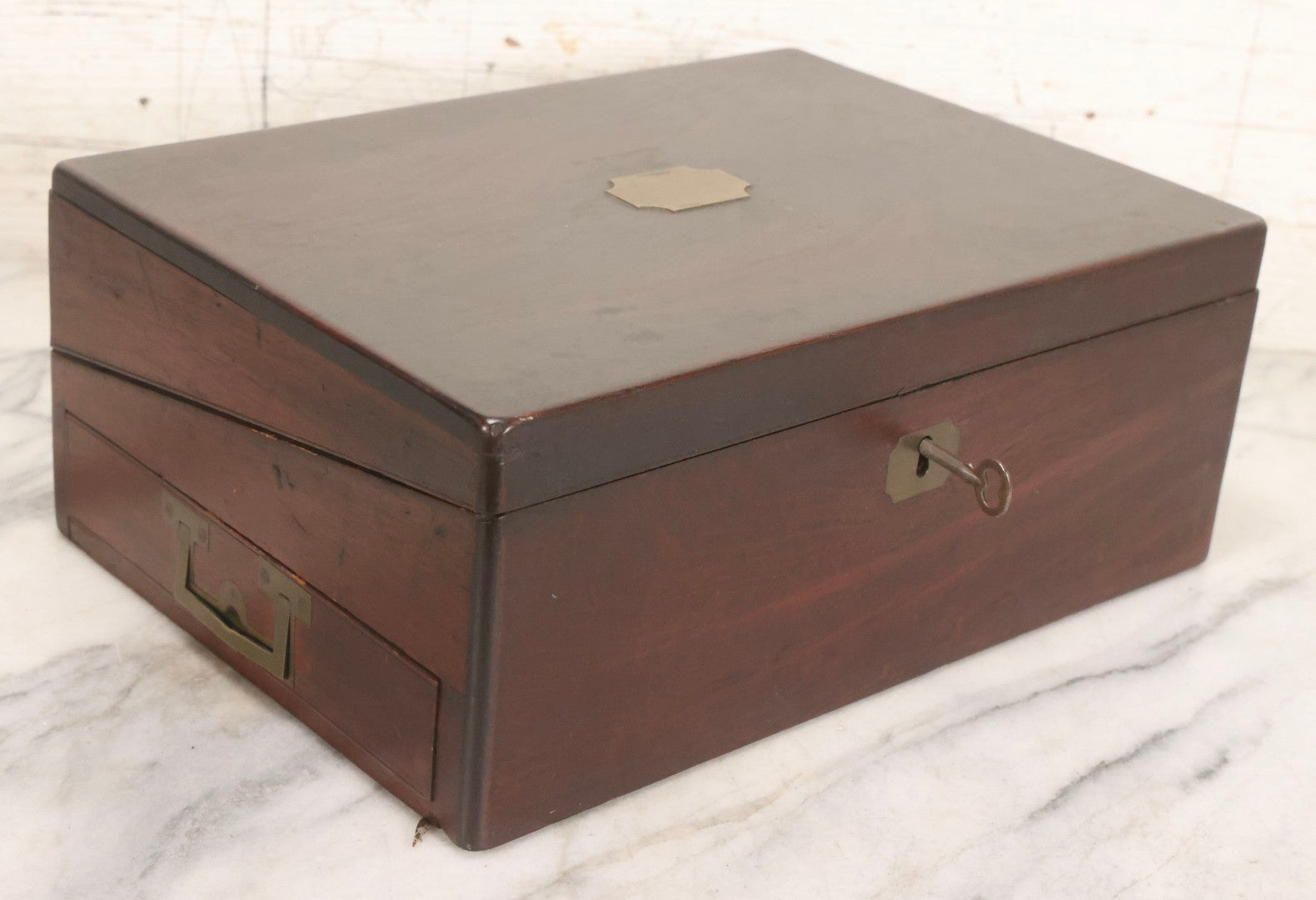 Lot 007 - Antique Folding Wooden Writing Lap Desk With Velvet Interior, Brass Hardware, And Dual Inkwells, Circa Late 19th Century