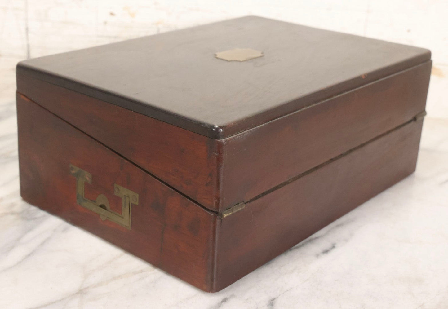 Lot 007 - Antique Folding Wooden Writing Lap Desk With Velvet Interior, Brass Hardware, And Dual Inkwells, Circa Late 19th Century