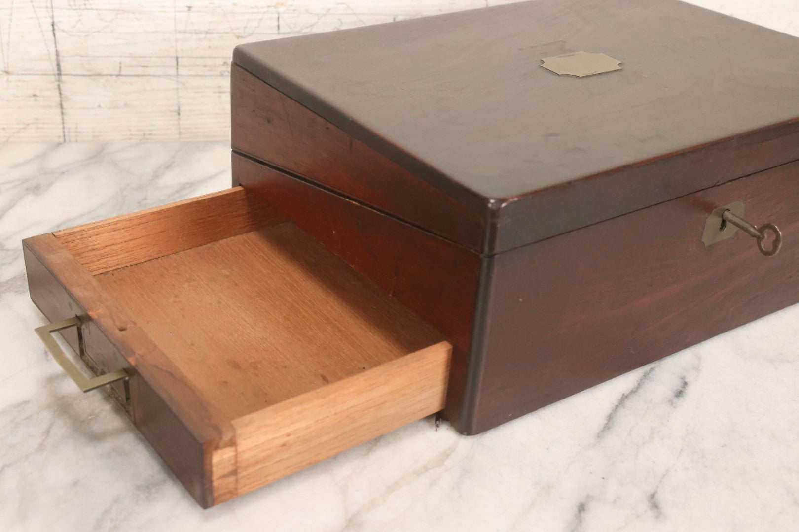 Lot 007 - Antique Folding Wooden Writing Lap Desk With Velvet Interior, Brass Hardware, And Dual Inkwells, Circa Late 19th Century