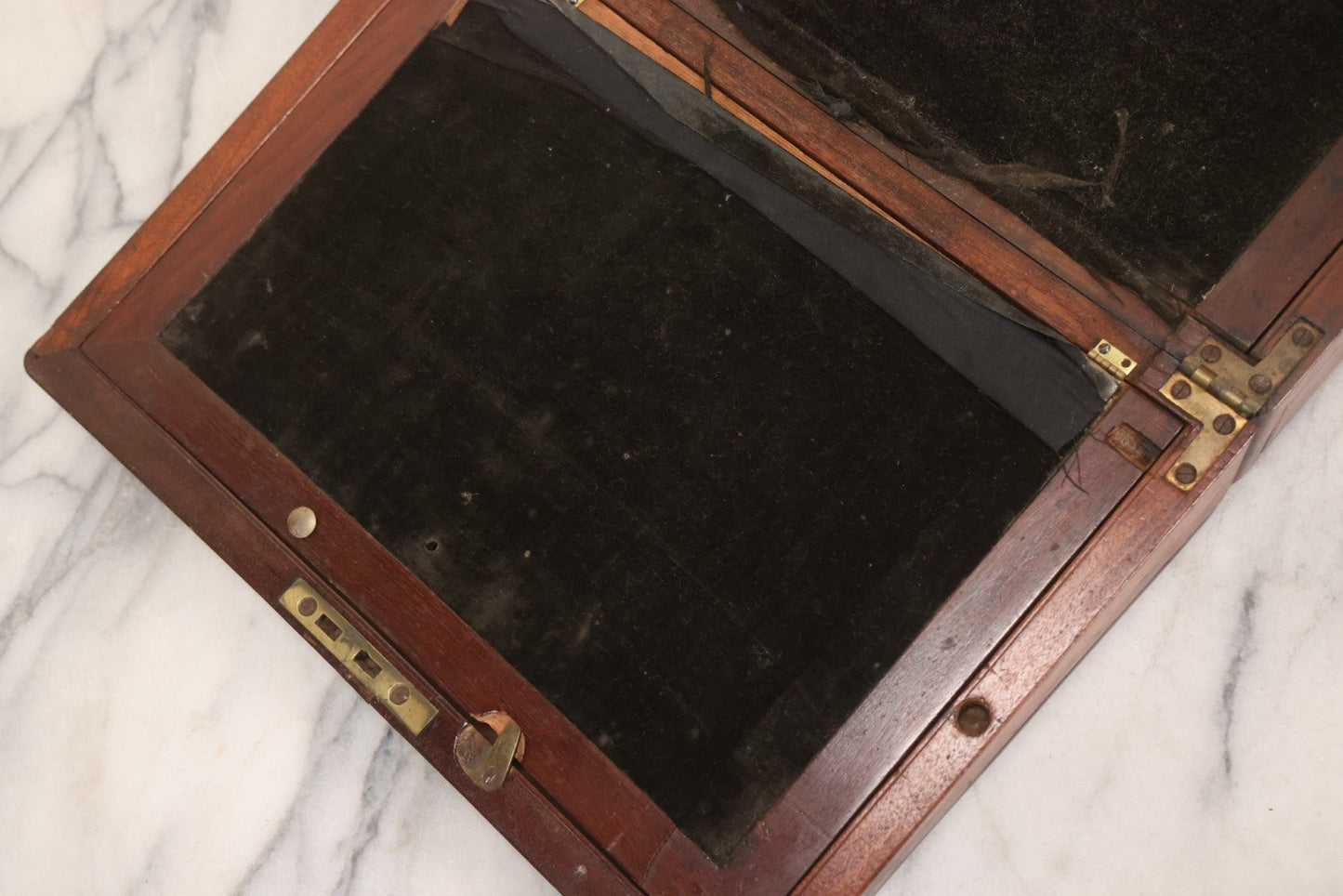 Lot 007 - Antique Folding Wooden Writing Lap Desk With Velvet Interior, Brass Hardware, And Dual Inkwells, Circa Late 19th Century