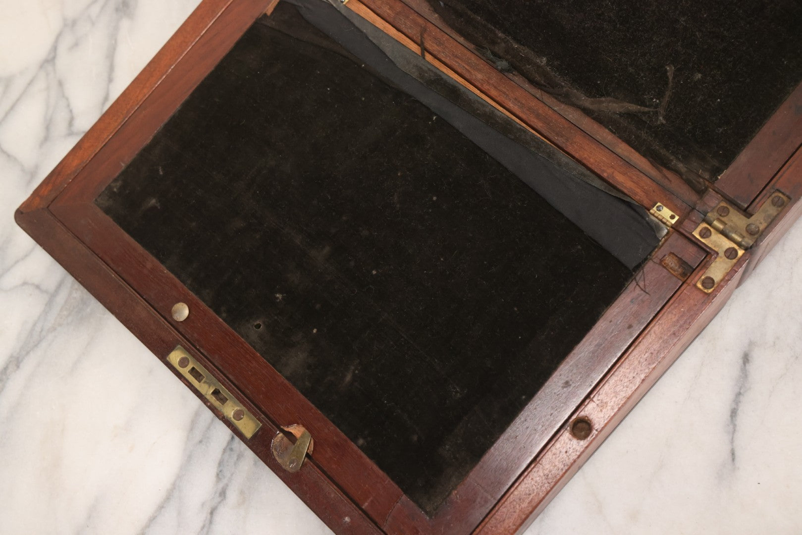 Lot 007 - Antique Folding Wooden Writing Lap Desk With Velvet Interior, Brass Hardware, And Dual Inkwells, Circa Late 19th Century