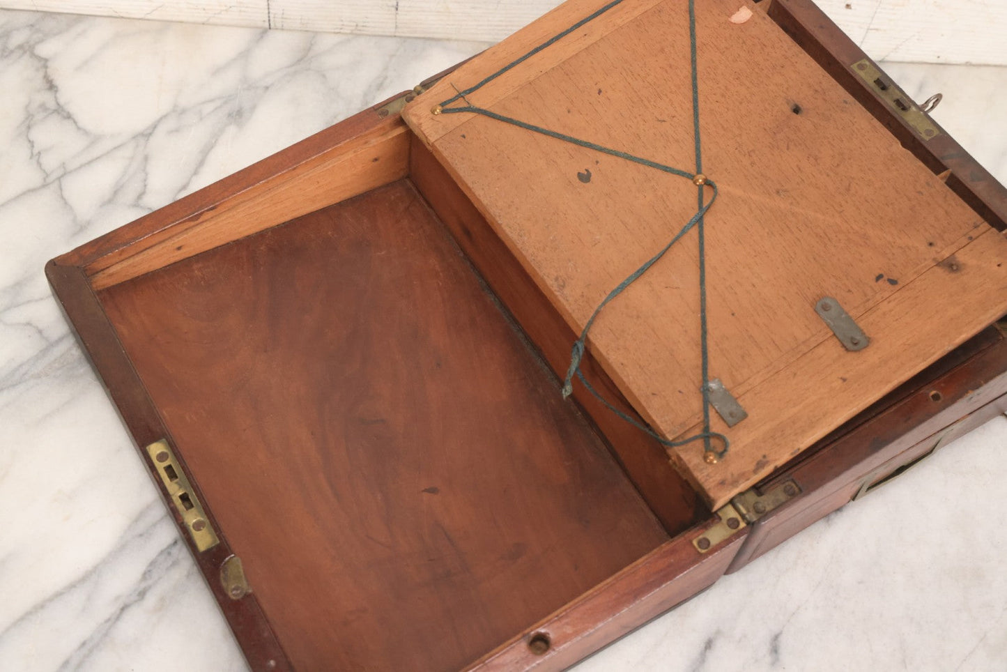 Lot 007 - Antique Folding Wooden Writing Lap Desk With Velvet Interior, Brass Hardware, And Dual Inkwells, Circa Late 19th Century