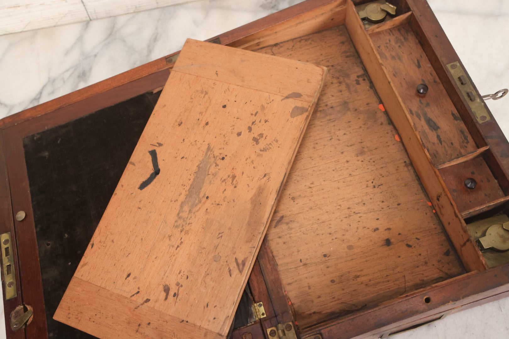 Lot 007 - Antique Folding Wooden Writing Lap Desk With Velvet Interior, Brass Hardware, And Dual Inkwells, Circa Late 19th Century