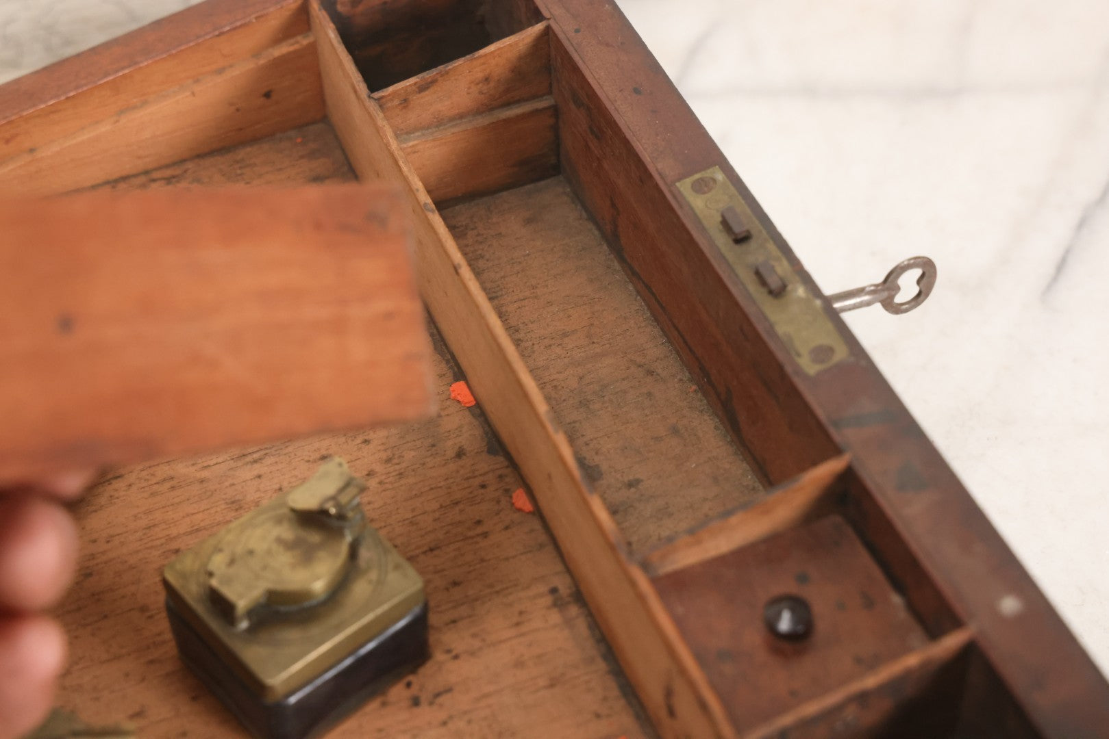 Lot 007 - Antique Folding Wooden Writing Lap Desk With Velvet Interior, Brass Hardware, And Dual Inkwells, Circa Late 19th Century