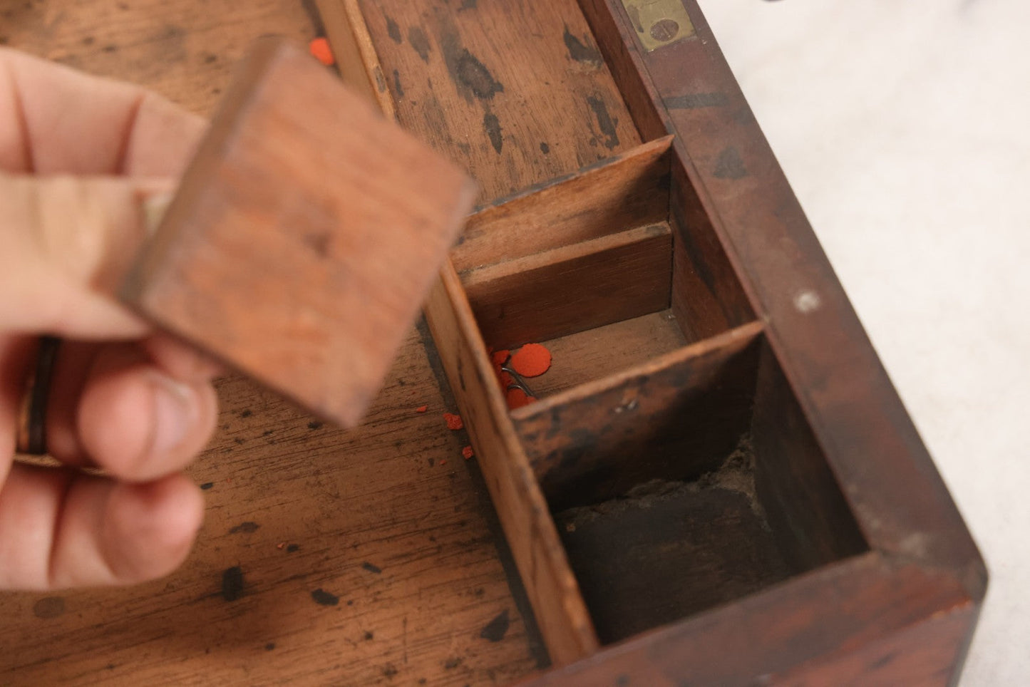 Lot 007 - Antique Folding Wooden Writing Lap Desk With Velvet Interior, Brass Hardware, And Dual Inkwells, Circa Late 19th Century