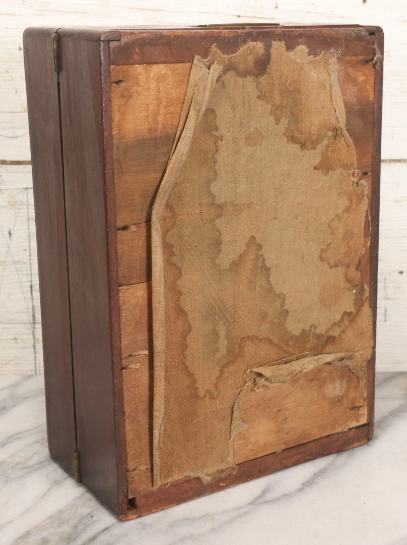 Lot 007 - Antique Folding Wooden Writing Lap Desk With Velvet Interior, Brass Hardware, And Dual Inkwells, Circa Late 19th Century