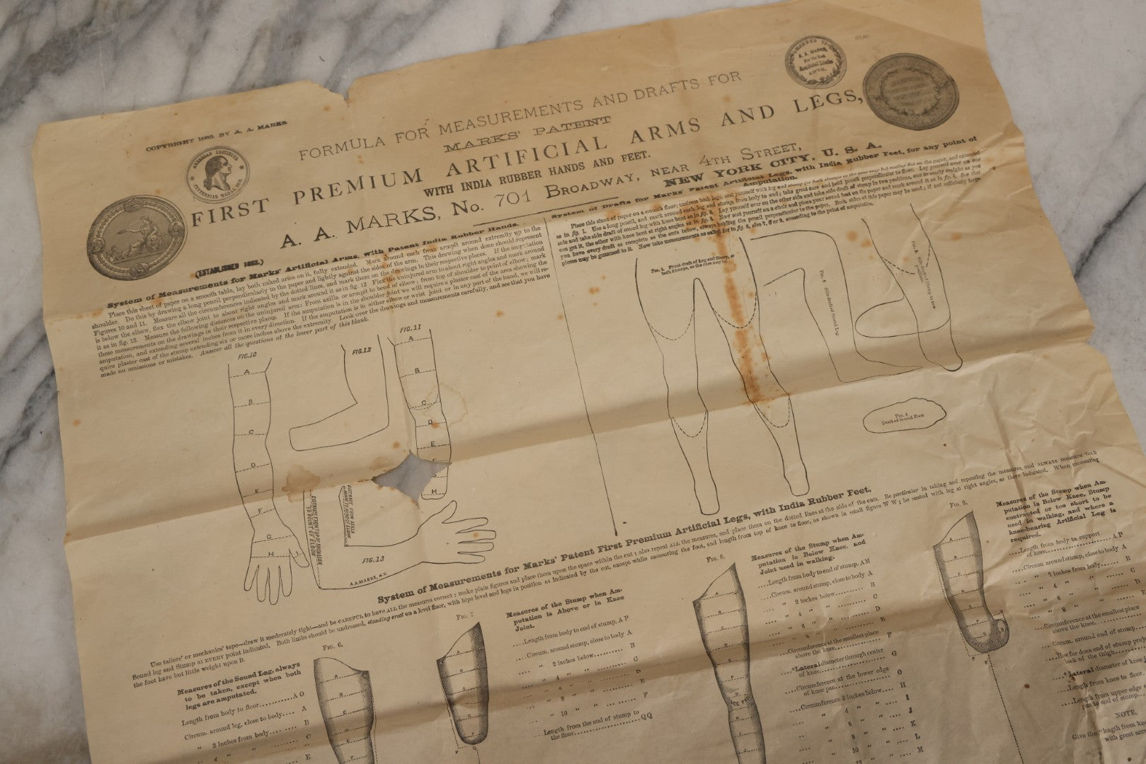 Lot 008 - Antique Medical Broadside Ordering Form And Instructions For "Mark's Patent First Premium Artificial Arms And Legs," Copyright A.A. Marks, 1885, New York City